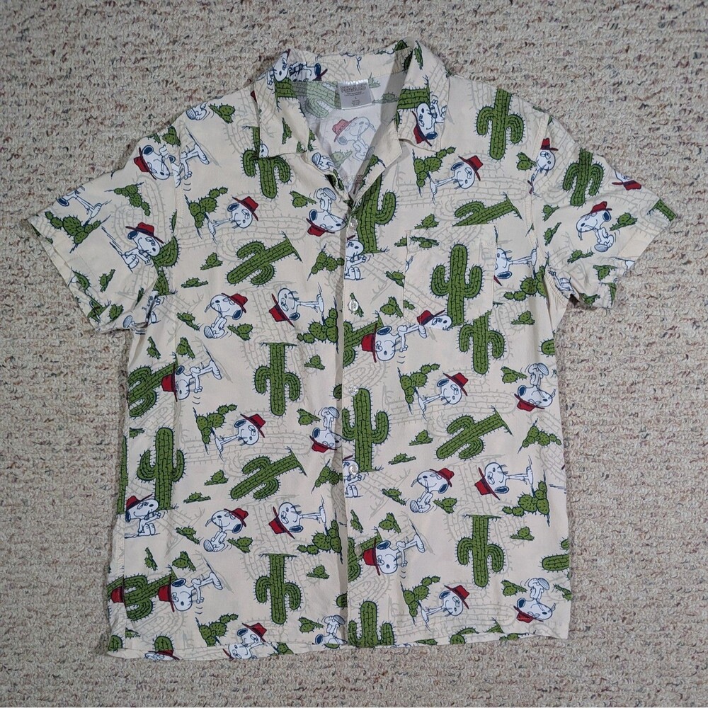 Peanuts Snoopy Button Up Shirt Mens Large Spike Desert Cactus Camp Collar Rayon